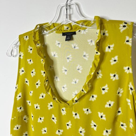 Ann Taylor Women's Top XS Floral Mustard Yellow Sleeveless Ruffle V-Neck Tank - Picture 4 of 8